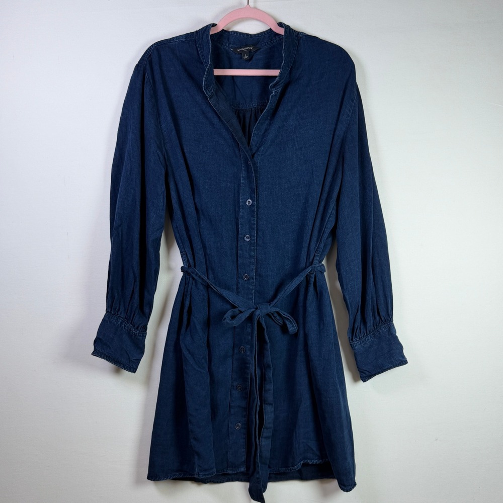 BANANA REPUBLIC Dark Wash Blue Tie Waist Chambray Shirt Dress L